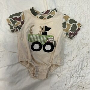 Baby Boy Camo Truck & Dog Antler Applique Romper Hunting Theme 6-9 months